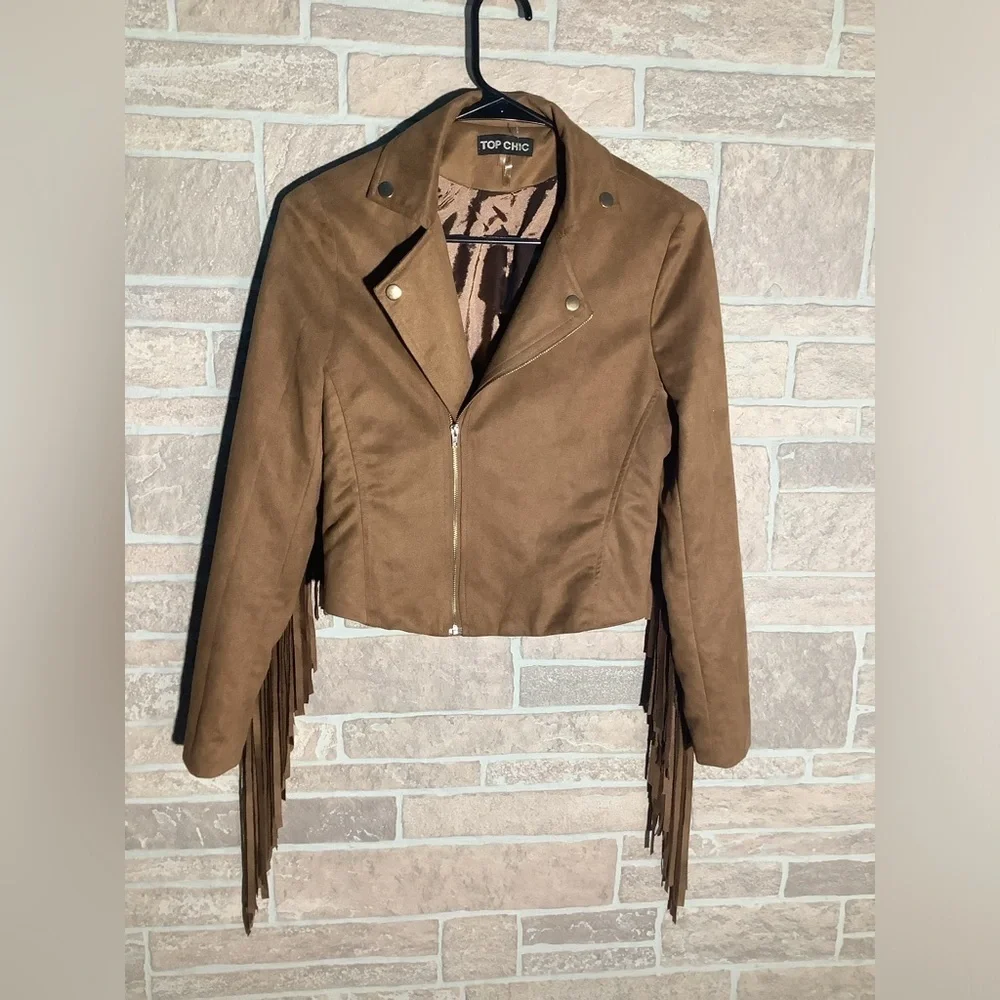 TopChic - Sz S - faux leather suede fringe fashion jacket - tan - 10” fringe - Picture 7 of 7
